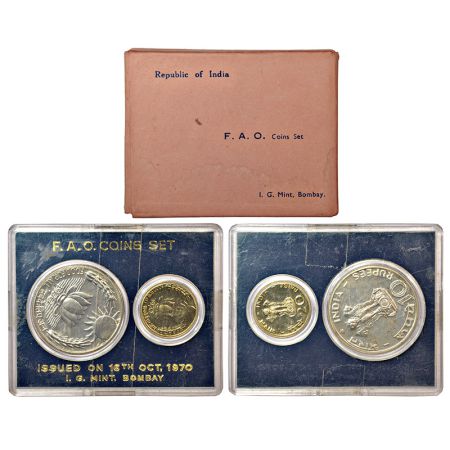 1970, Food for All, UNC set of 2 coins, 10 rupees and 20 paise, Bombay mint, RB 24, in ori