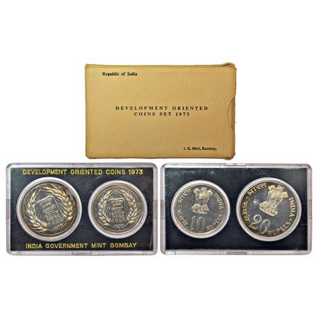 1973, Grow More Food, UNC set of 2 coins, 20 rupees and 10 rupees, Bombay mint, RB 38, in 