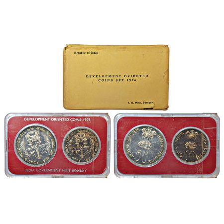 1976, Food and Work for All, UNC set of 2 coins, 50 rupees and 10 rupees, Bombay mint, RB 