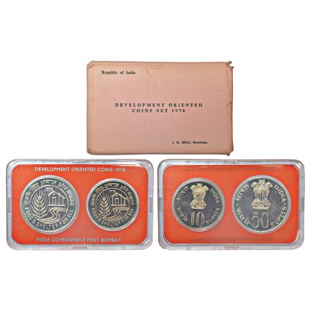1978, Food and Shelter for All, UNC set of 2 coins, 50 rupees and 10 rupees, Bombay mint, 