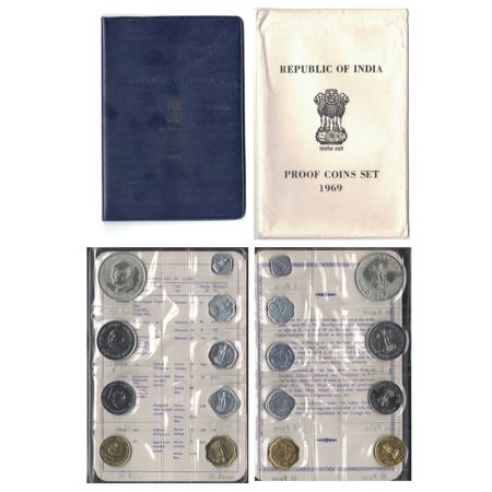 1969, Mahatma Gandhi centenary, proof set of 9 coins, 10 rupees, 1 rupee, 50 paise, 20 pai