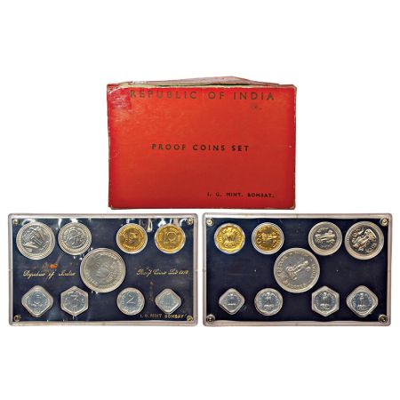 1970, Food for All, Proof set of 9 coins, 10 rupees, 1 rupee, 50 paise, 20 paise, 10 paise