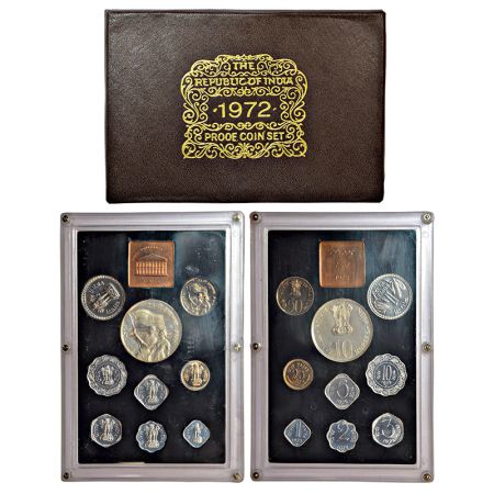 1972, 25th Anniversary of Independence, Proof set of 9 coins, 10 rupees, 1 rupee, 50 paise