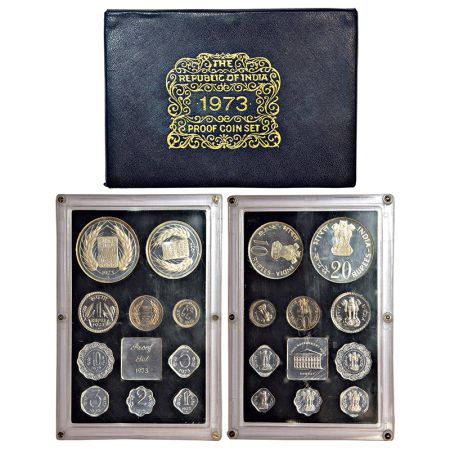 1973, Grow More Food, Proof set of 10 coins, 20 rupees, 10 rupees, 1 rupee, 50 paise, 25 p
