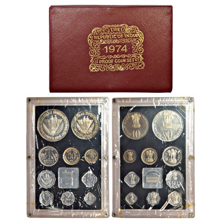 1974, Planned Families - Food for All, Proof set of 10 coins, 50 rupees, 10 rupees, 1 rupe