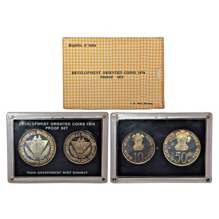1974, Planned Families - Food for All, Proof set of 2 coins, 50 rupees and 10 rupees, Bomb