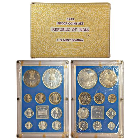 1975 Equality Development Peace, Proof set of 10 coins, 50 rupees, 10 rupees, 1 rupee, 50 