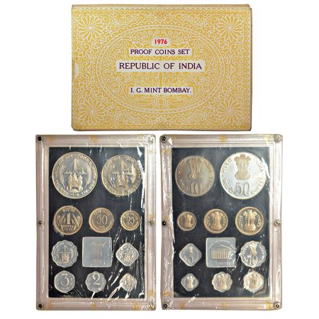 1976, Food & Work for All, Proof set of 10 coins, 50 rupees, 10 rupees, 1 rupee, 50 paise,