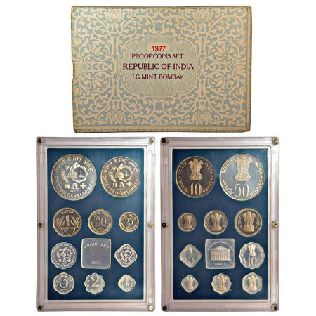 1977, Save For Development, proof set of 10 coins, 50 rupees, 10 rupees, 1 rupee, 50 paise