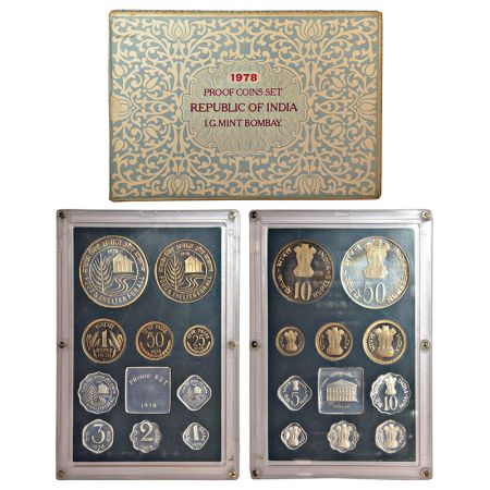 1978, Food & Shelter for All, Proof set of 10 coins, 50 rupees, 10 rupees, 1 rupee, 50 pai