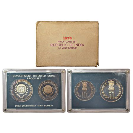 1979, Happy Child Nation's Pride, Proof set of 2 coins, 50 rupees and 10 rupees, Bombay mi