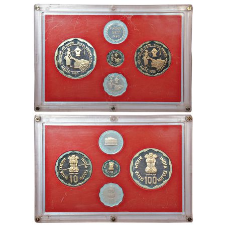 1980, Rural Women's Advancement, Proof set of 4 coins, 100 rupees, 10 rupees, 25 paise and