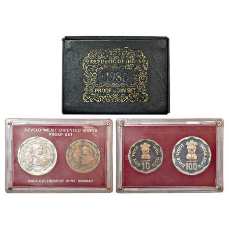 1980, Rural Women's Advancement, Proof set of 2 coins, 100 rupees and 10 rupees, Bombay mi
