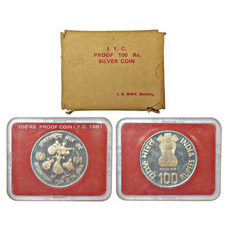 1981, International Year of Child, single proof coin, 100 rupees, Bombay mint, RB 89, in o