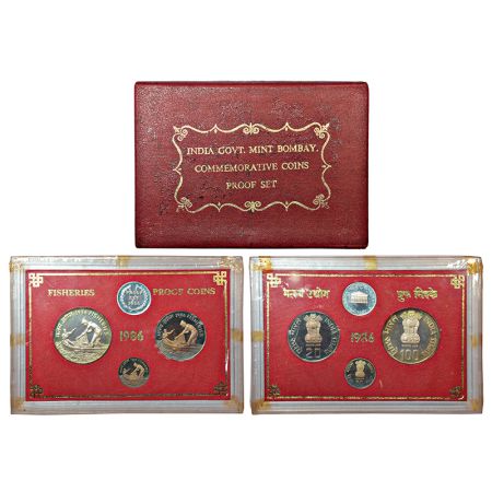 1986, Fisheries, Proof set of 3 coins, 100 rupees, 20 rupees and 50 paise, Bombay mint, RB