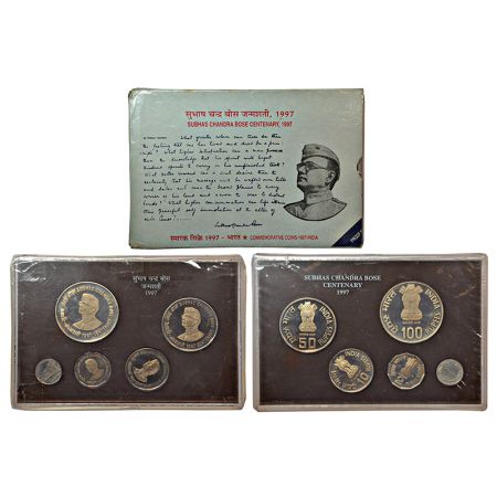 1997, Netaji Subhas Chandra Bose, Proof set of 4 coins, 100 rupees, 50 rupees, 10 rupees a
