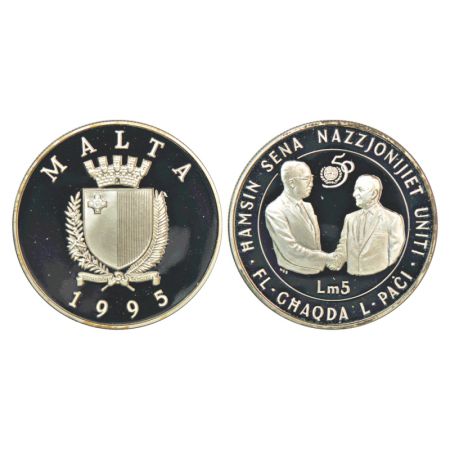 Malta, proof, silver 5 liri, 1995, KM 109, 28.54g. Obv: Crowned shield within wreath, date