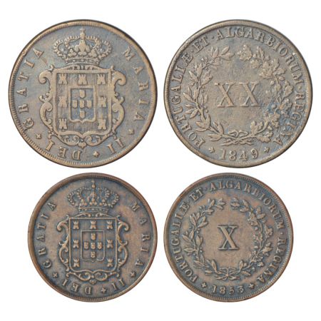 Portugal, Maria II (1834-1853 AD), copper coins (2), 1x 20 reis, 1849, KM 482, 24.23g and 