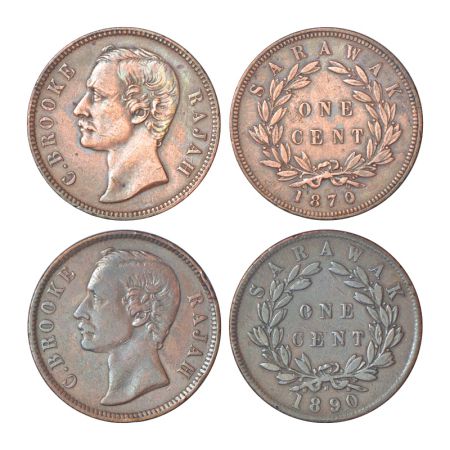 Sarawak, Charles Brooke (1868-1917 AD), copper 1 cent (2), AD 1870, 9.10g and AD 1890, 9.0