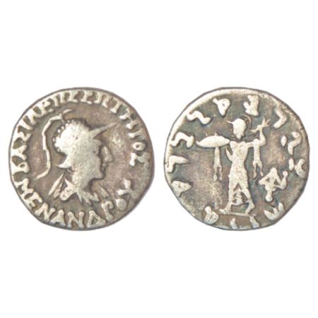 Indo-Greeks, silver drachm of Menander I (155-130 BC), BN series 16, 2.23g. Obv: Diademed 