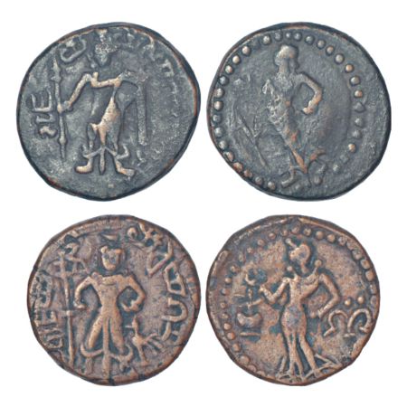 Post-Mauryan tribal republics - Yaudheyas, two copper coins of Kartikeya type: (A) Pieper 