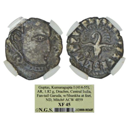 Gupta Empire - silver drachm of Kumara Gupta I (c.415-450 AD), 'fan-tailed peacock' or 'Ma