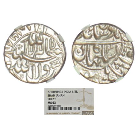 Shah Jahan (1628-1658 AD), silver ½ rupee, Surat mint, AH 1068/RY 31, both side legend in 