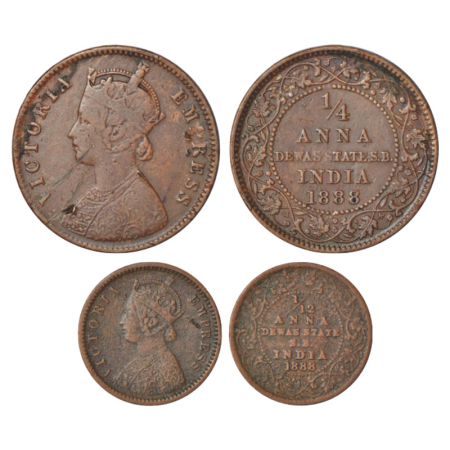 Dewas, SB (Senior Branch), Krishnaji Rao (1860-1899 AD), copper coins (2), AD 1888, 1x ¼ a