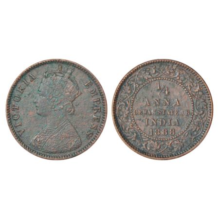 Dewas, JB (Junior Branch), Narayan Rao (1864-1892 AD), copper ¼ anna, AD 1888, KM 3, 6.73g