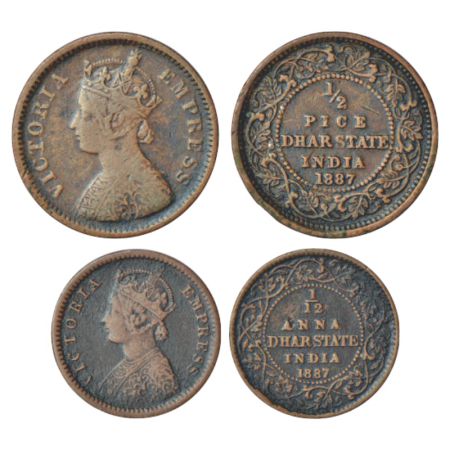 Dhar, Anand Rao III (1860-1898 AD), copper coins (2), AD 1887, 1x ½ pice, KM 12, 3.17g and
