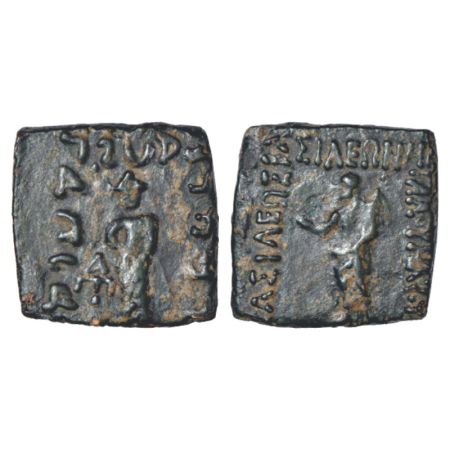 Indo-Scythians, copper unit of Maues (125-85 BC), ISCH 18.1, 8.29g. Obv: Zeus standing sli