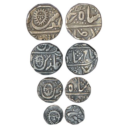 Indore, set of 4 silver coins, rupee, ½ rupee, ¼ rupee and 1/8 rupee, Malharnagar mint typ