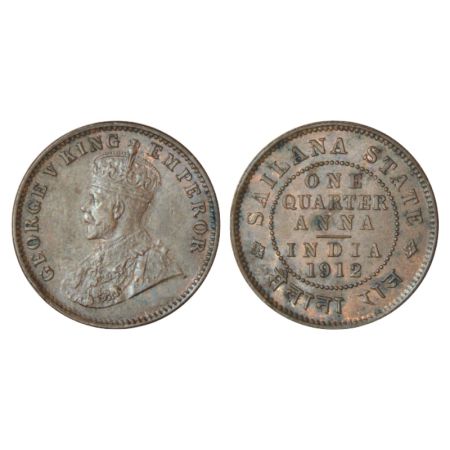 Sailana, Jaswant Singh (1890-1919 AD), copper ¼ anna, AD 1912, KM 16, 4.95g. Obv: Portrait