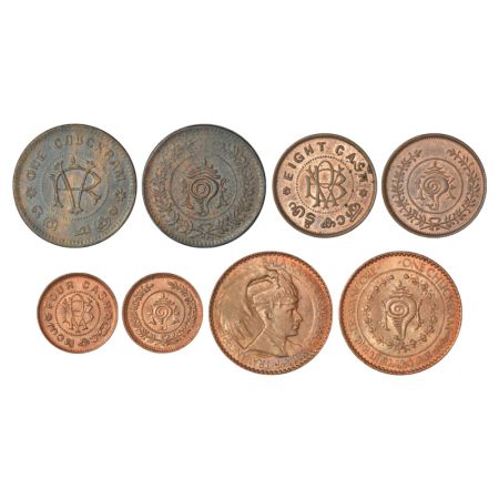 Travancore, copper coins (4), Rama Varma VI, 1x Chuckram, ND, KM 49, 10.23g, 1x 8 cash, ND