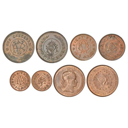 Travancore, copper coins (4), Rama Varma VI, 1x Chuckram, ND, KM 49, 10.23g, 1x 8 cash, ND