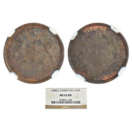 East India Company, copper 1/12 anna, 1848, Calcutta mint, 23 berries, PR 163; GK 237. NGC