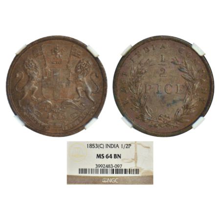 East India Company, copper ½ pice, 1853, Calcutta mint, PR 159, GK 235. NGC graded MS 64BN