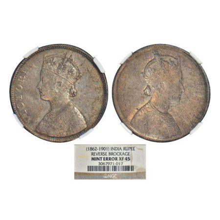 Victoria Queen (1862-1876 AD), silver rupee, obverse part brockage (Lakhi) on reverse. NGC