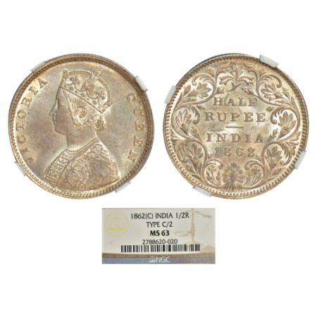 Victoria Queen, silver ½ rupee, 1862, Calcutta mint, C/II, L.C. Wyon's design on obverse, 