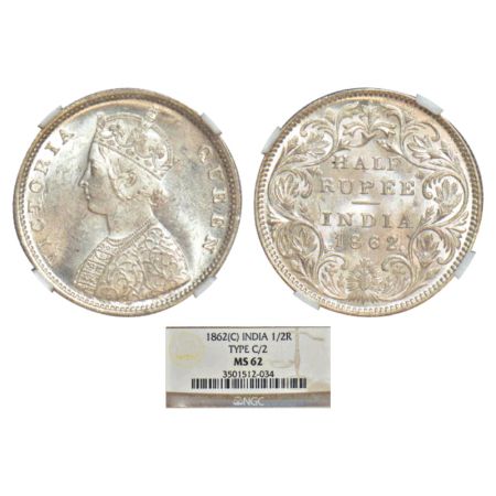 Victoria Queen, silver ½ rupee, 1862, Calcutta mint, C/II, L.C. Wyon's design on obverse, 