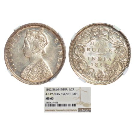 Victoria Queen, silver ½ rupee, 1862, Bombay mint, B1/II, PR 258; GK 371. NGC graded MS63,