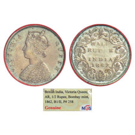 Victoria Queen, silver ½ rupee, 1862, Bombay mint, B1/II, PR 258; GK 371. NGS of India gra