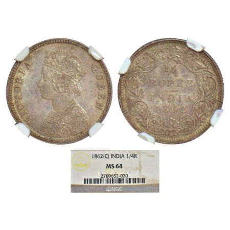 Victoria Queen, silver ¼ rupee, 1862, Calcutta mint, A/I, PR 376; GK 375. NGC graded MS64,