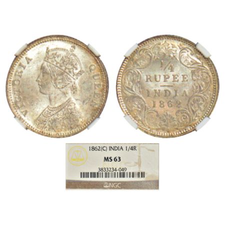 Victoria Queen, silver ¼ rupee, 1862, Calcutta mint, A/I, PR 376; GK 375. NGC graded MS63,