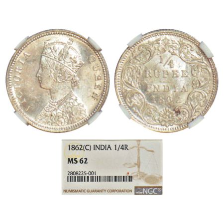 Victoria Queen, silver ¼ rupee, 1862, Calcutta mint, A/I, PR 376; GK 375. NGC graded MS62,