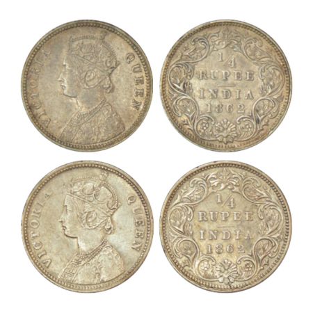 Victoria Queen, silver ¼ rupee (2), 1862, Calcutta mint, A/I, PR 376; GK 375, 2.90g each c