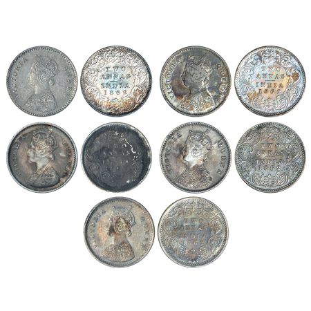 Victoria Queen, silver 2 annas (5), 1862, Bombay mint. (5 coins) Extremely fine to Uncircu