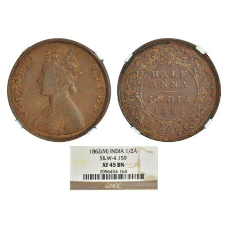 Victoria Queen, copper ½ anna, 1862, Madras mint, PR 577; GK 390. NGC graded XF 45BN, Rare