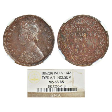 Victoria Queen, copper ¼ anna, 1862, Bombay mint, A/I, V incused, PR 602; GK 397. NGC grad