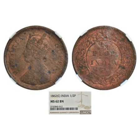 Victoria Queen, copper ½ pice, 1862, Calcutta mint, A/I, PR 711; GK 401. NGC graded MS 62B